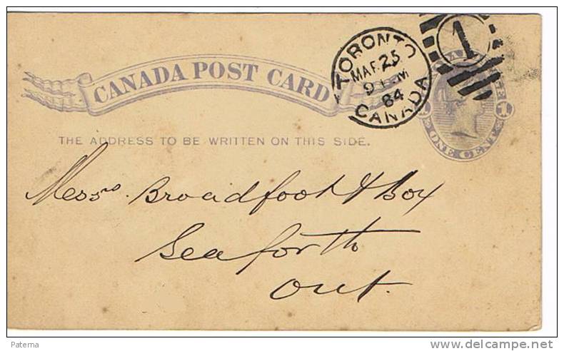 3548  Entero Postal, Toronto Ontario , Parrilla Numeral 1,   1884 - 1860-1899 Règne De Victoria