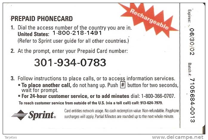 TARJETA DE ESTADOS UNIDOS DE SPRINT DE 10$ - Sprint