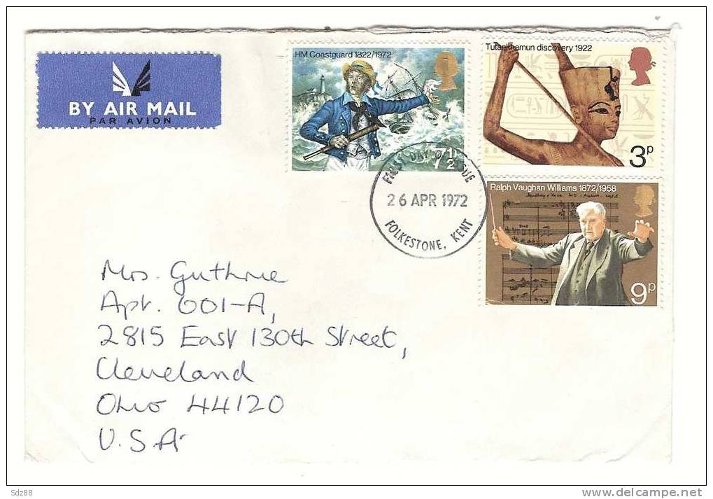 Grande Bretagne  1972 FDC Circulée YT 657-658-659 Toutankhamon Compositeur Ralph Vaughan Williams Musique Marin Bateaux - Aegyptologie