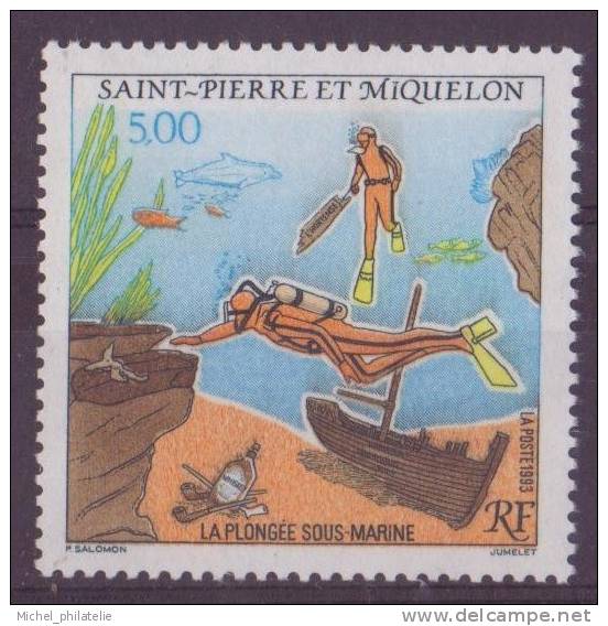 SAINT-PIERE-ET-MIQUELON N° 574** NEUF AVEC CHARNIERE  PLONGEURS, EPAVES, POISSONS - Autres & Non Classés