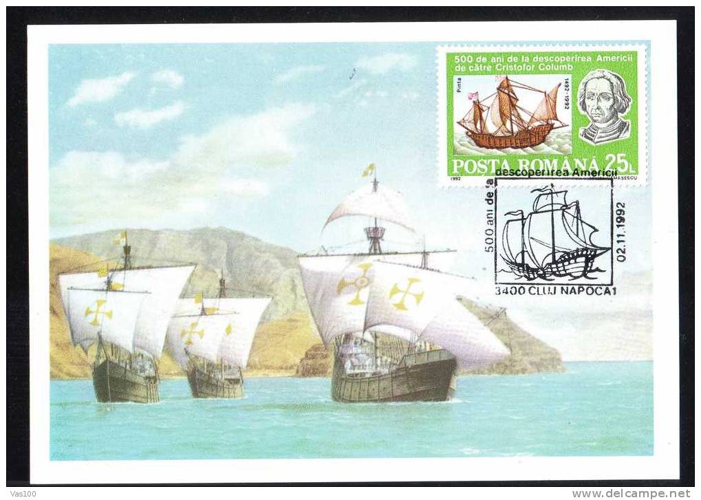 ROMANIA - CRISTOFOR COLUMB - Ships, Navigator - Discoverer Of America 1492.Maxicard,Carte Maximum 1992 Cluj-Napoca. - Christophe Colomb