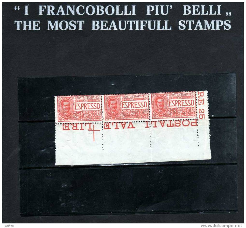 ITALIA REGNO ITALY KINGDOM 1920 ESPRESSO SPECIAL DELIVERY RE VITTORIO EMANUELE III CENT.50 MNH STRISCIA ANGOLO DI FOGLIO - Express Mail