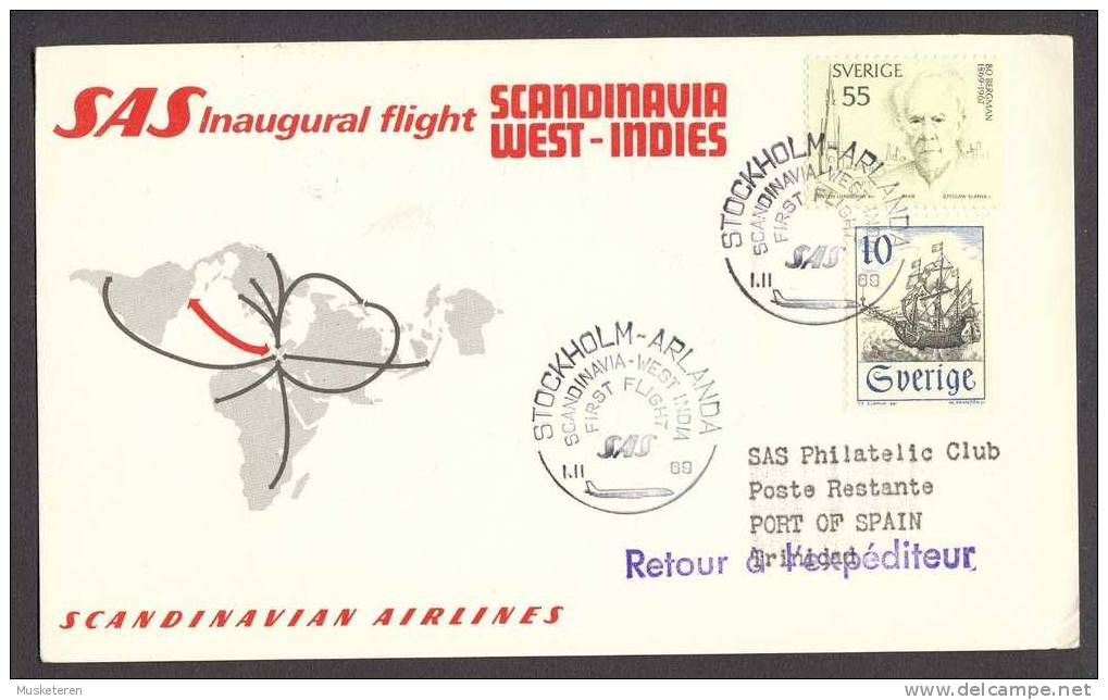 Sweden SAS First Inaugural Flight Scandinavia West-Indies Card 1969 To Port Of Spain Trinidad (Cz. Slania) - Lettres & Documents