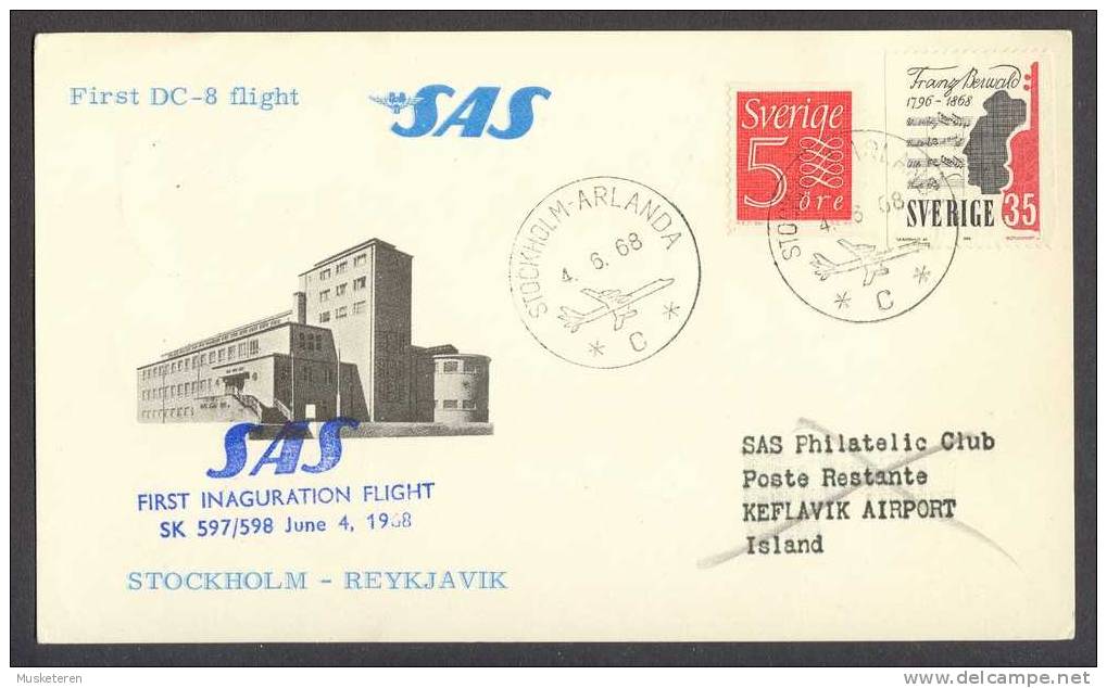 Sweden SAS First Inauguration Flight Stockholm-Reykjavik Card 1968 Keflavik Airport ERROR Double Printing Blue Text !! - Brieven En Documenten