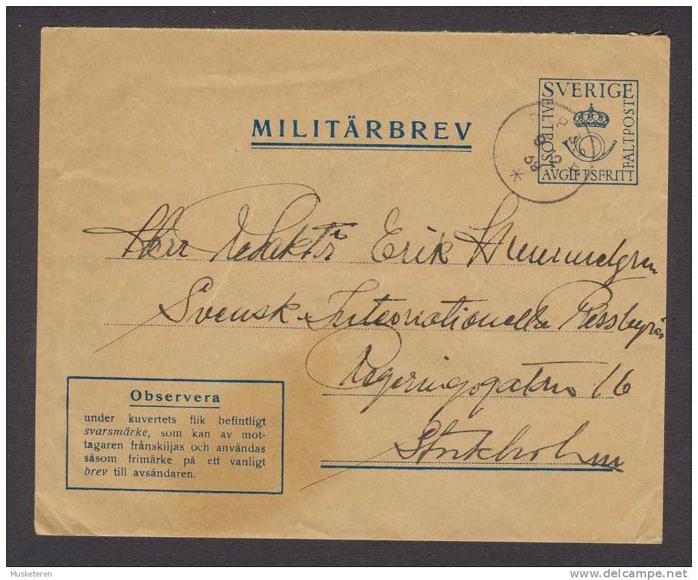 Sweden Militärbrev PKP 354 1939 Cancel Cover From Militärbefalet (2 Scans) - Militaires