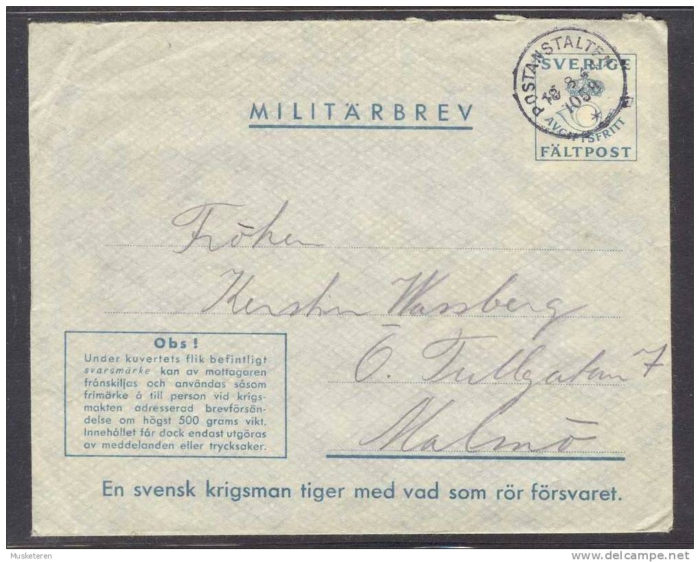 Sweden Militärbrev Postanstalten 1944 Cancel Cover Feld Post Nummer FP 21123 (2 Scans) - Military