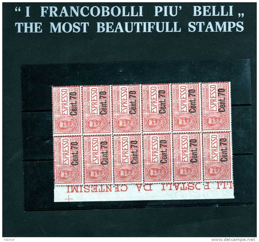 ITALIA REGNO ITALY KINGDOM 1924 ESPRESSO SPECIAL DELIVERY RE VITTORIO EMANUELE CENT 70 SOPRASTAMPAT0 MNH BLOCCO 12 BORDO - Eilsendung (Eilpost)