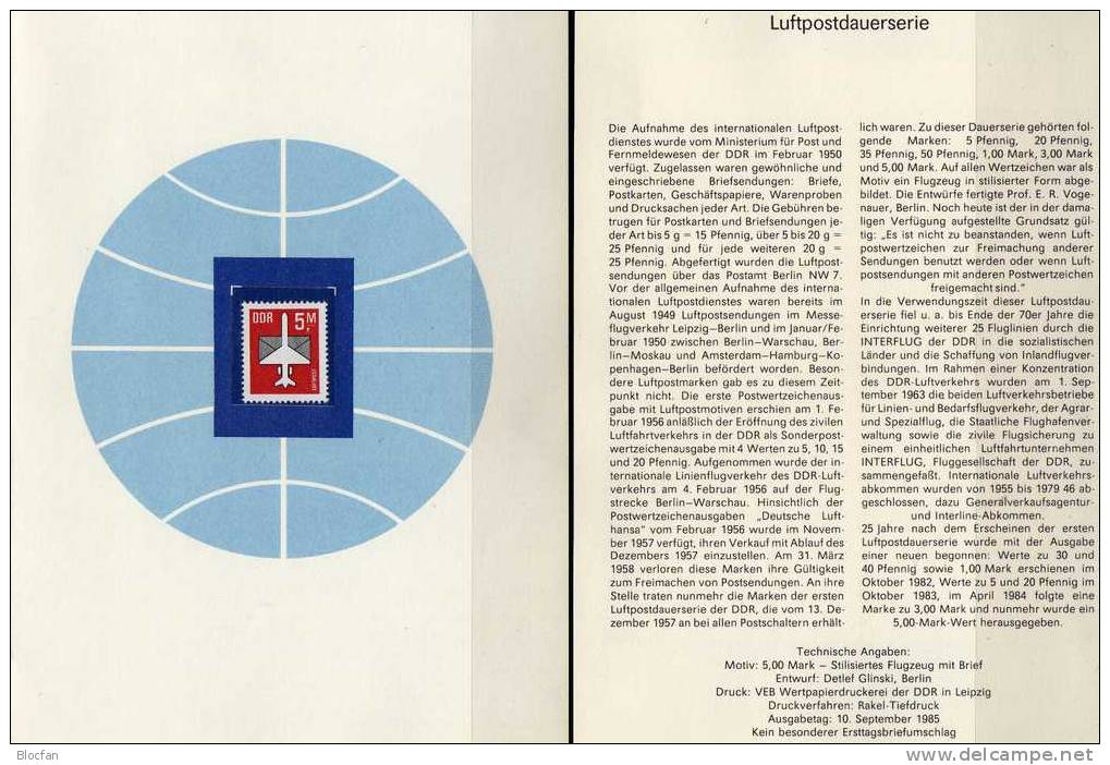 Erinnerungsblatt Luftpost 1985 DDR 2967 ** 6€ Flugpostmarke Brief Und Flugzeug - Gebraucht