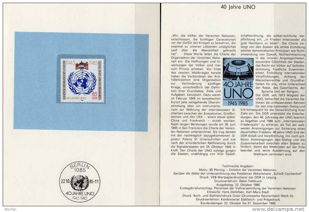 Erinnerungsblatt 40 Jahre UNO DDR 2982 ** 4€ Schloß Cecilienhof Potsdam - Gebraucht