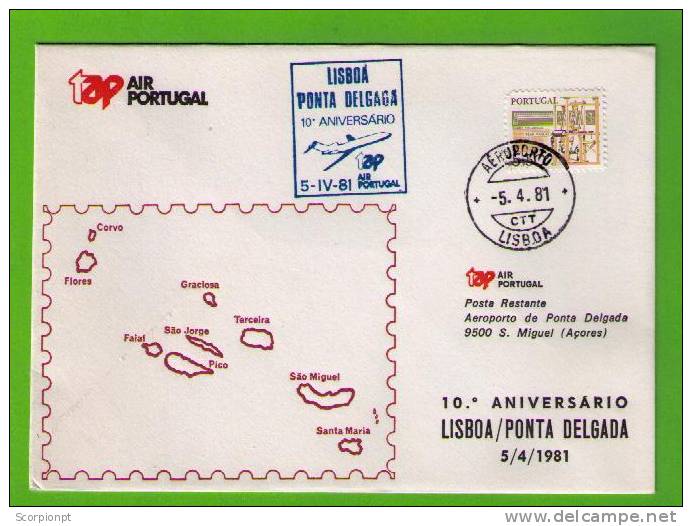 Sp366CA* 5/4/81 -CIRCULÉ ENV. 10e. Anniv 1st  FLIGHT By TAP,  LISBOA (Portugal) PONTA DELGADA (Azores) Sp366 - Cartas & Documentos