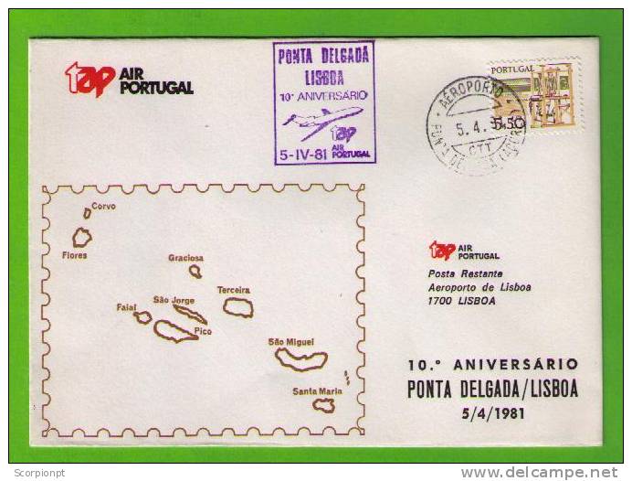 5/4/81 "RETURN" Cover 10e. Anniv 1st  FLIGHT By TAP PONTA DELGADA Azores LISBOA Portugal Avions Aviation Sp455 - Covers & Documents