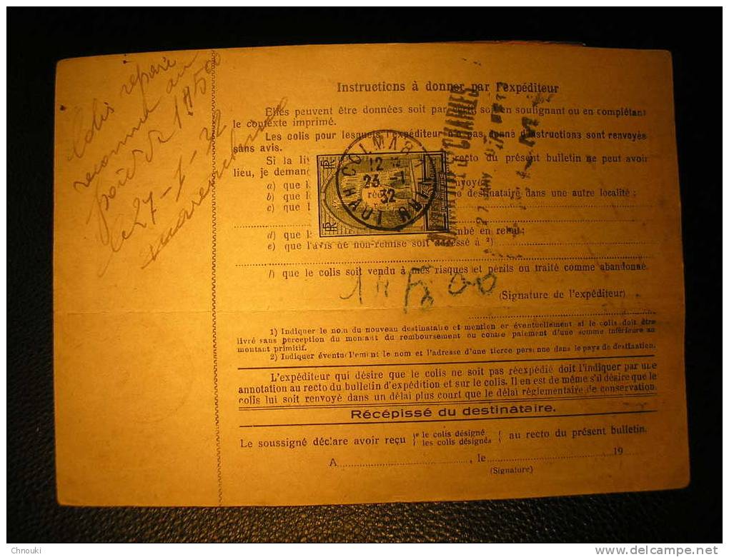 Bulletin D'expédition De Colis Postal Alsace Lorraine - Colmar 1932 - 1 Timbre Préperforé - Briefe U. Dokumente