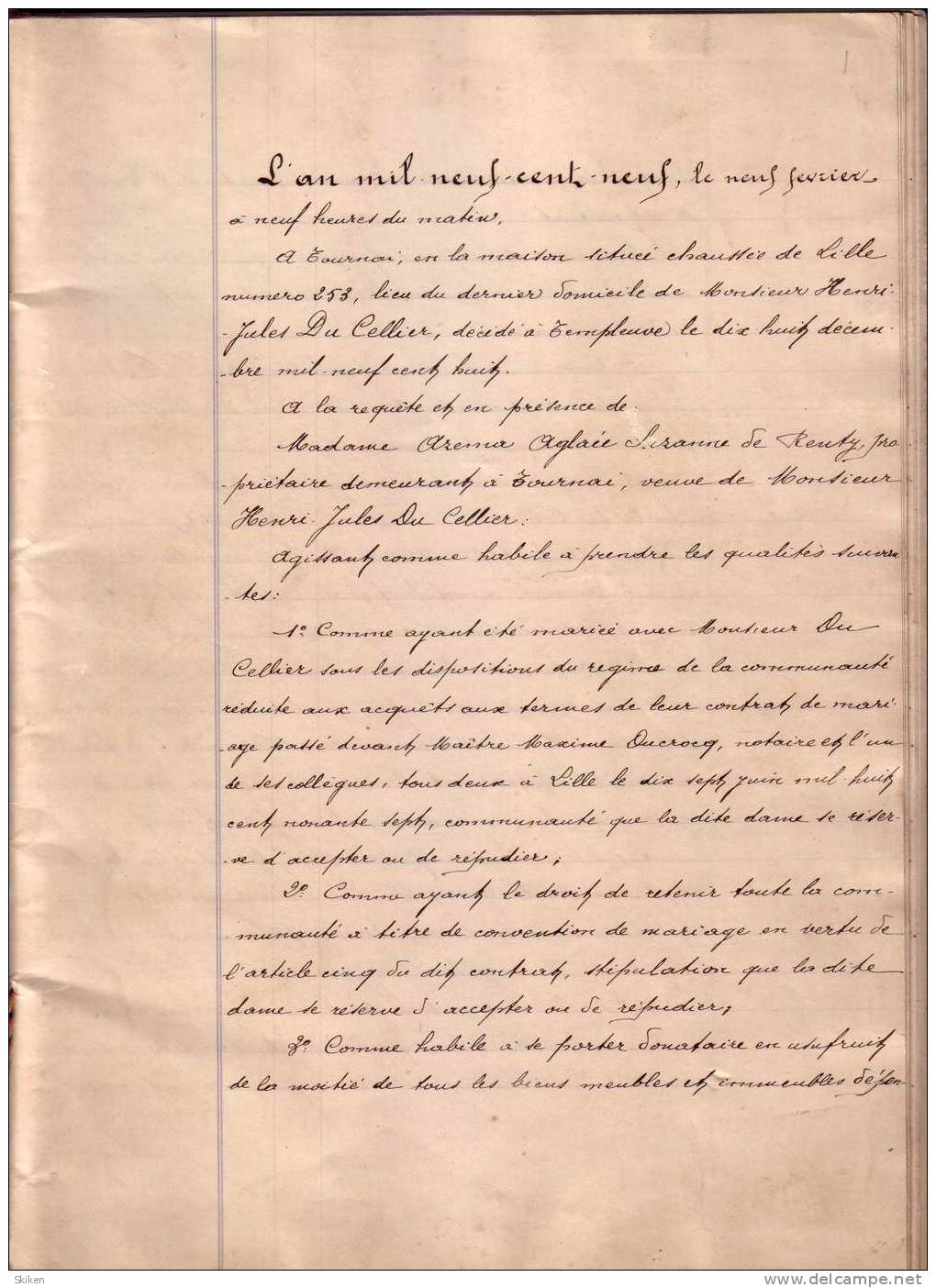 TOURNAI Du CELLIER Jules Et AZEMA AGLAEE Suzanne De RENTY  9.02.1909  Grosses Succession  ( 50 Pages) - Wetten & Decreten