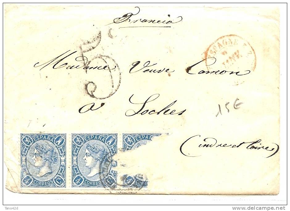 REF LMM9 - ESPAGNE - LETTRE CLASSIQUE DE 1866 POUR LOCHES - TIMBRE DECHIRE - Briefe U. Dokumente