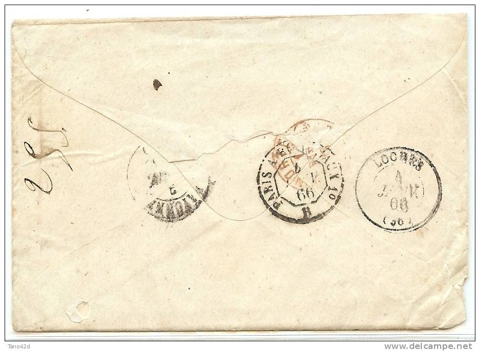 REF LMM9 - ESPAGNE - LETTRE CLASSIQUE DE 1866 POUR LOCHES - TIMBRE DECHIRE - Briefe U. Dokumente