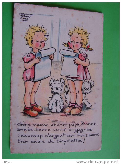 HUMOUR  ENFANTS   Bonne Annee  Bicyclettes   Illustrateur FAIZANT SIMON   NON Circulee N° 1401/15  Chien Genre Bouret - Humour