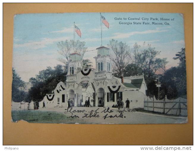 Macon Ga   Entrance To Central City Park  Home Of Georgia State Fair  1911 Cancel   Small Paper Nick Bottom Left - Sonstige & Ohne Zuordnung