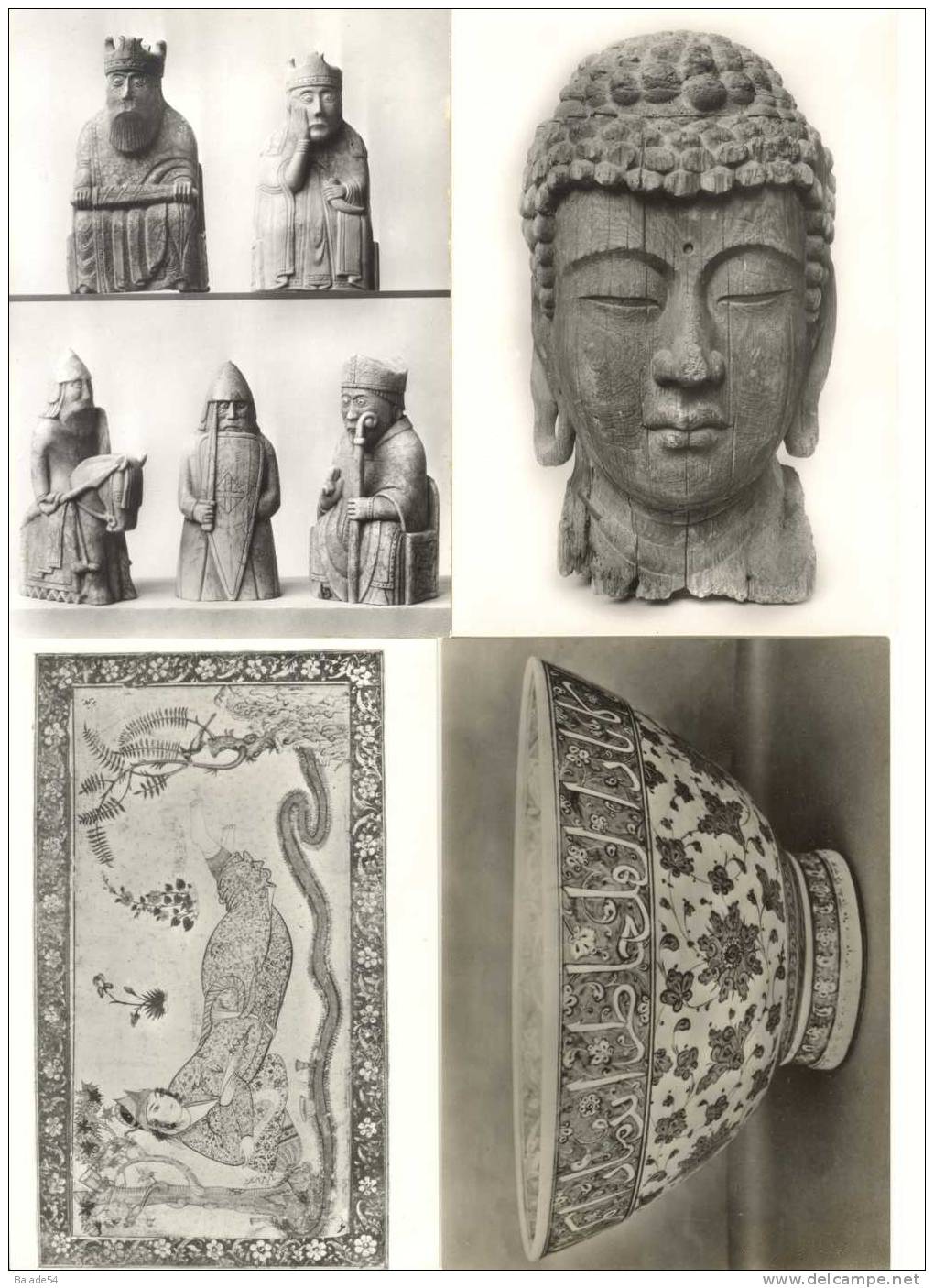 Lot De 4 CPM - BRITISH MUSEUM - Head Of Amida Buddha -Bowl - Warius Ivory Chessmen -Tinted Drawing Of The QUEEN OF SHEBA - Kunstvoorwerpen