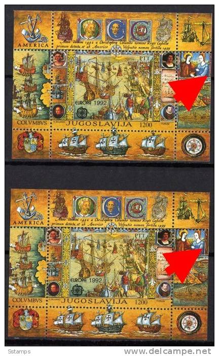 U-3 JUGOSLAVIA EUROPA 1992 CEPT KOLUMBUS SOUVENIR SHEET 85 X 66 Mm   TYP I - TYP II NEVER HINGED - 1992