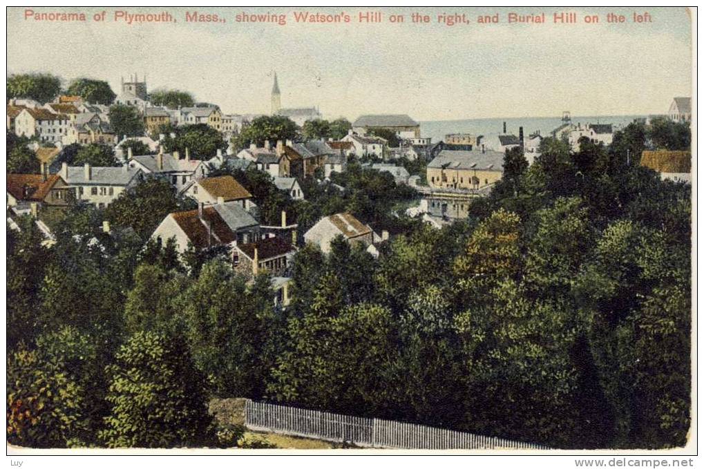 Handcoloured PC - Panorama Of PLYMOUTH, Mass., Showing Watsons´s Hill On The Right And Burial Hill On The Left - Autres & Non Classés