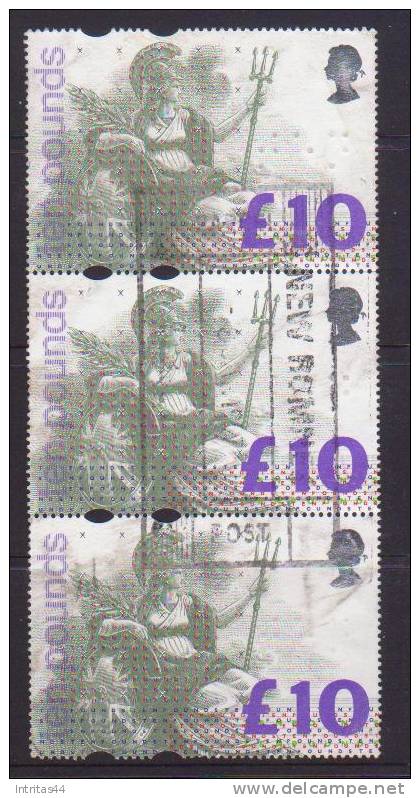 GREAT BRITAIN 1993 £10 "BRITANNIA" STRIP OF (3) CV £36*** USED*** - Used Stamps