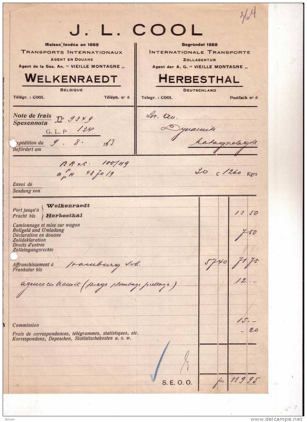 HERBESTHAL WELKENRAEDT  J.L COOL  Transports Internationaux Transports D'explosifs Agence En Douane Note Frais 9.08.1913 - Autres & Non Classés