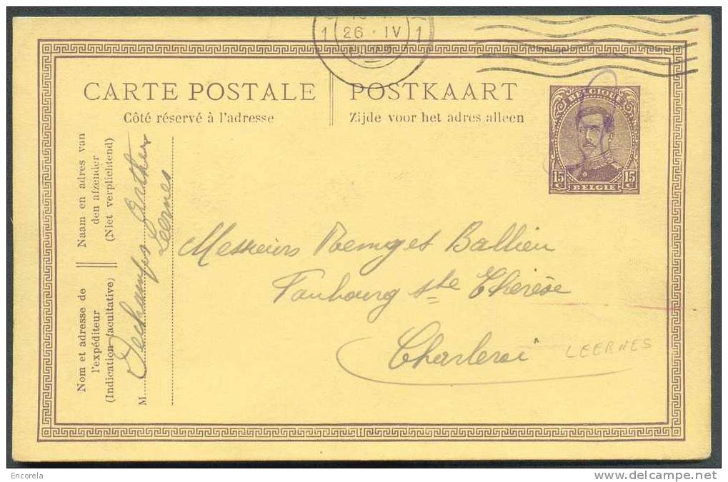 EP Carte 15 Centimes Emission 1915 Envoyée De LEERNES Le 26 Avril 1922 Vers Charleroi, Oblitération Mécanique Non Annula - Briefkaarten 1909-1934