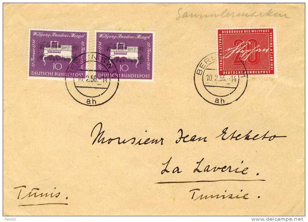 Lettre De Berlin SW11 Pour La Laverie Tunisie 1956 Avec 1 N° 104 Et 2 N° 105 - Cartas & Documentos