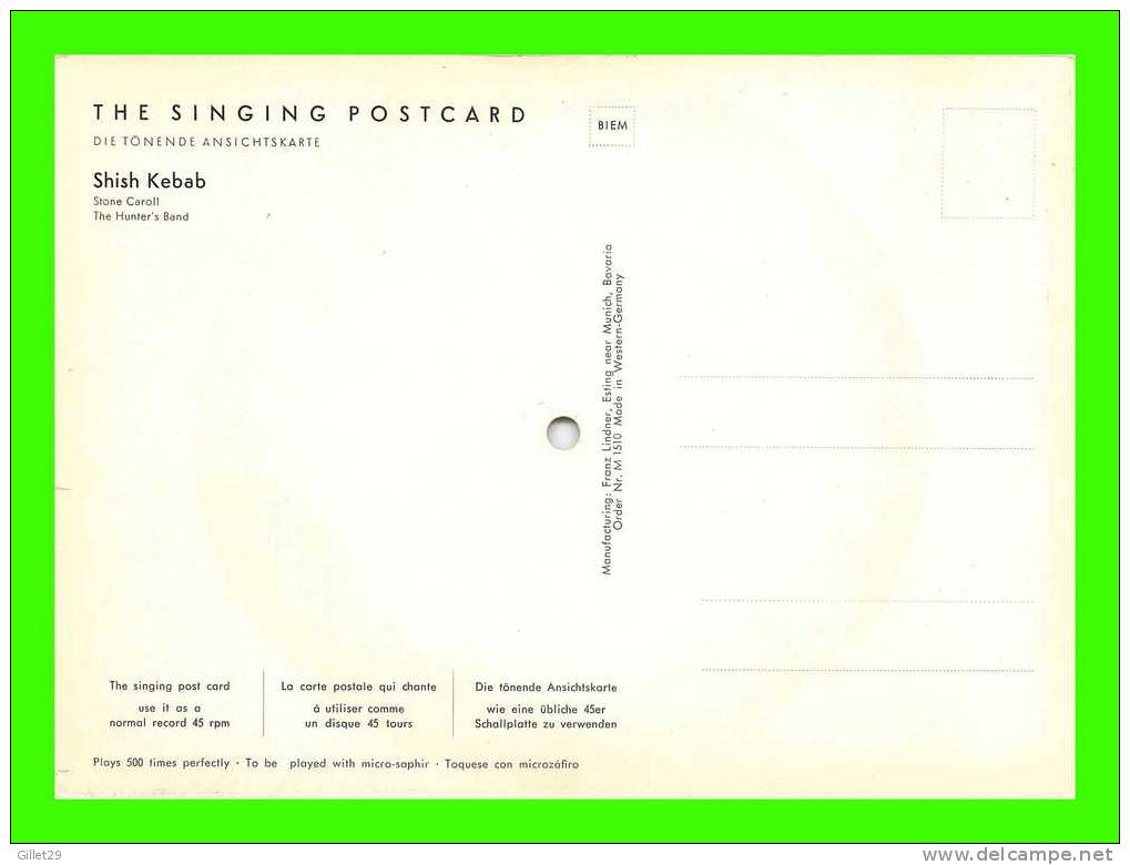 CARTE QUI CHANTE - SINGING POSTCARD - SHISH KEBAB - STONE CAROLL & THE HUNTER´S BAND - DIMENSION 15 X 21cm - - Sonstige & Ohne Zuordnung
