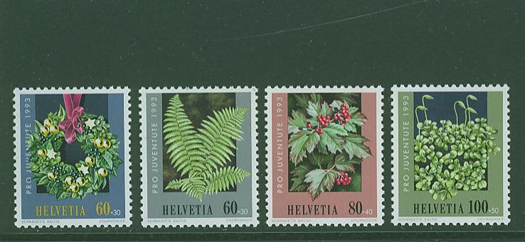 CH1440 Noel Couronne Fougere  Viorne Obier Mnium Punctatum 1440 à 1443 Suisse 1993 Neuf ** - Unused Stamps