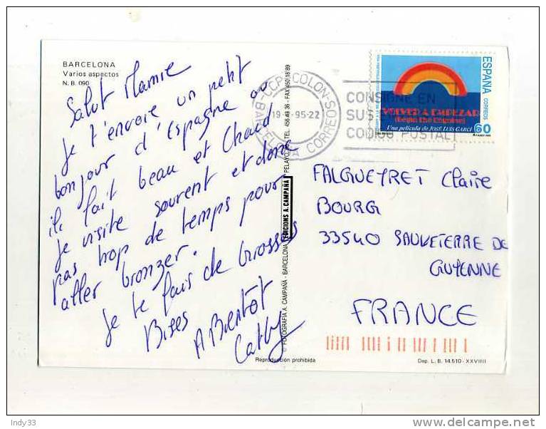 - ESPAGNE . AFFRANCHISSEMENT SIMPLE SUR CP DE 1995 POUR LA FRANCE - Covers & Documents