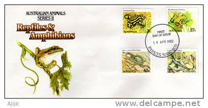 Blue Mountains Tree Frog, (Litoria Citropa),  Yellow-faced Whip Snake FDC AUSTRALIE 1982, PRIX REDUIT ! - FDC