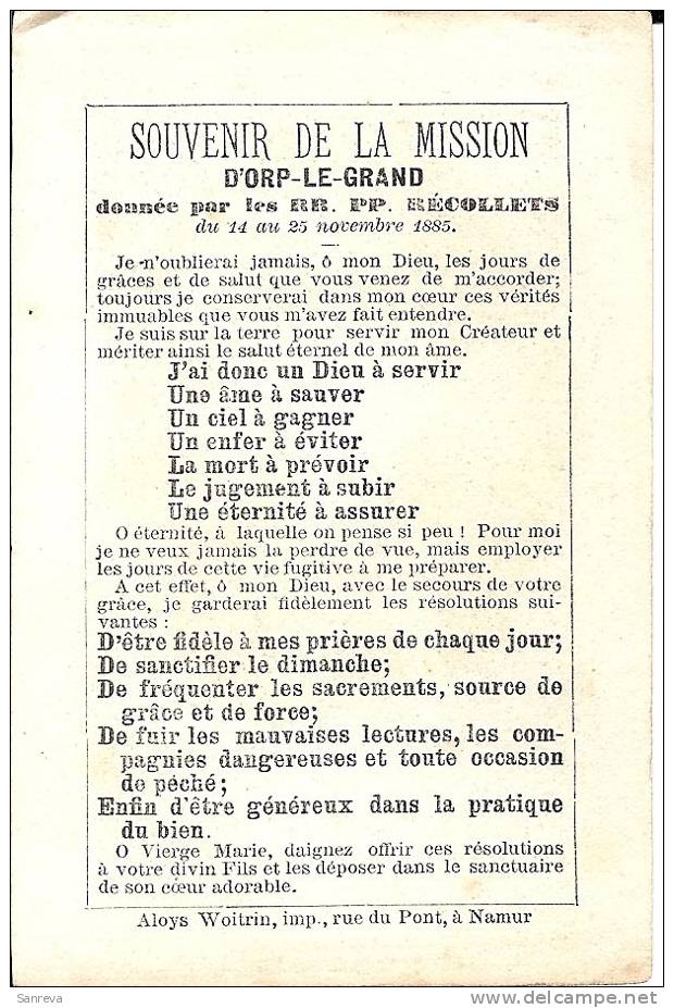 Orp-le-Grand  - Souvenir De La Mission Du 14 Au 25 Nov. 1885 - Images Religieuses