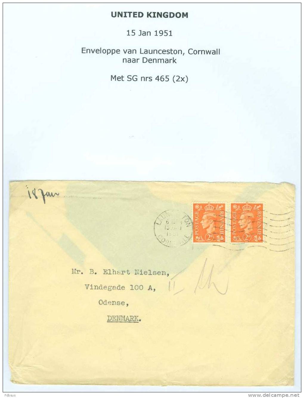 1951 SG 465 2X  - ENVELOPPE VAN LAUNCESTON TO DENMARK - Covers & Documents