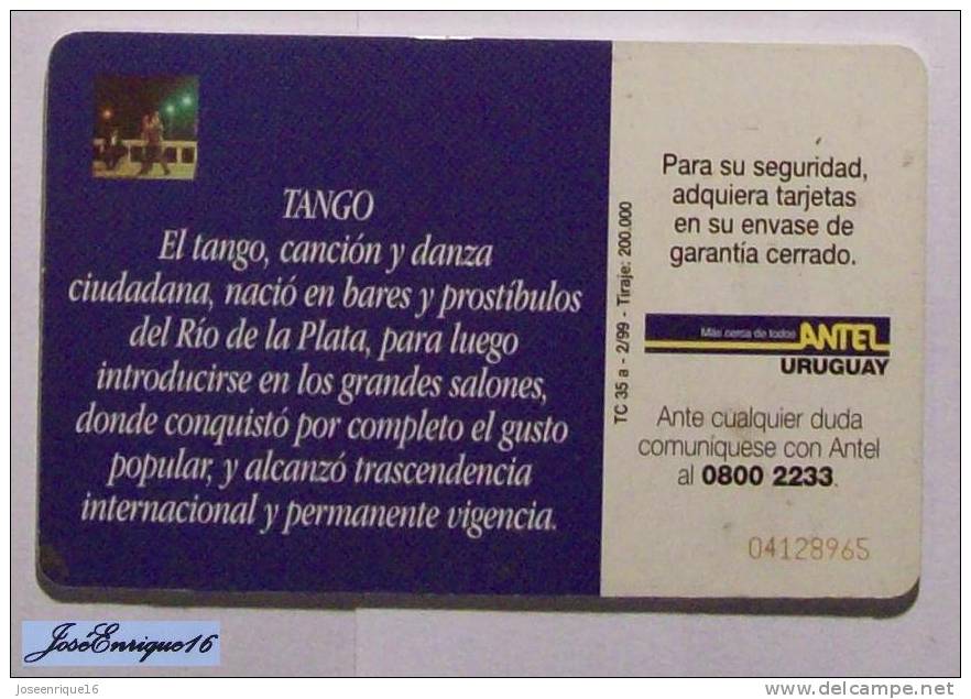 URUGUAY - TARJETA TELEFONO - PHONE CARD - ANTEL  TC  35a - TANGO, DANZA RIO DE LA PLATA - Uruguay