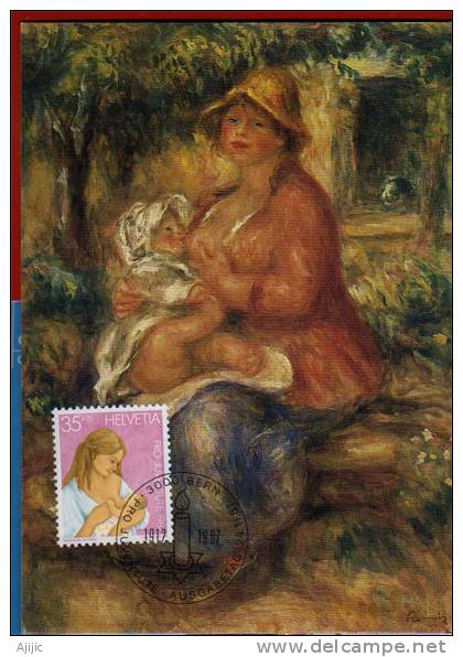 Aline Renoir Allaitant Son Fils Pierre En 1915. Carte-maximum De Suisse - Impressionisme