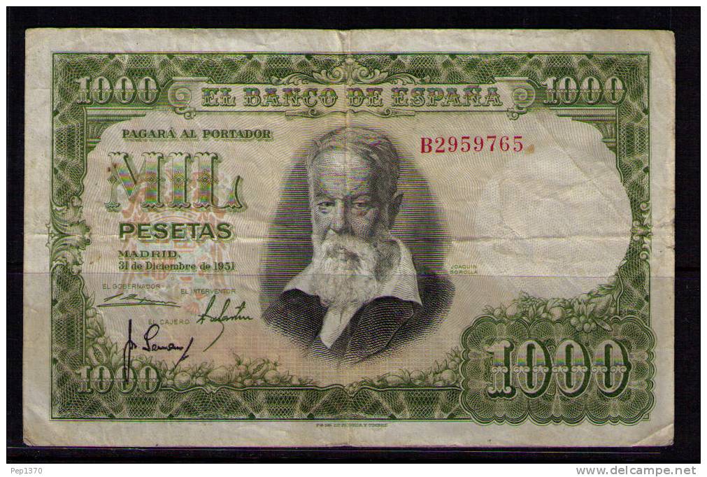 BILLETE DE 1000 PESETAS DE 1951 - SOROLLA - USADO BONITO - 1000 Pesetas