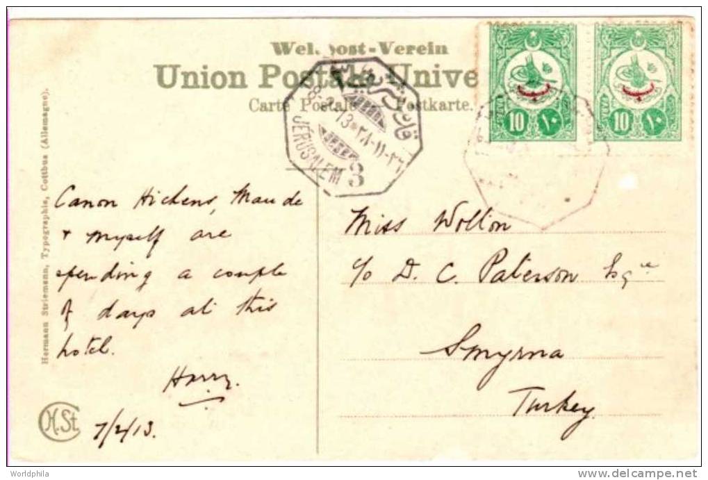 Palestine / Jericho -Turkey / Smyrna Mailed "Hotel Bellevue" Postcard With OTTOMAN Issue Stamps 1913 - Palestine