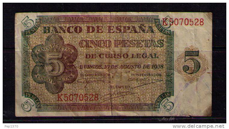 BILLETE DE 5 PESETAS DE 1938 - BURGOS - USADO  BONITO - 5 Pesetas