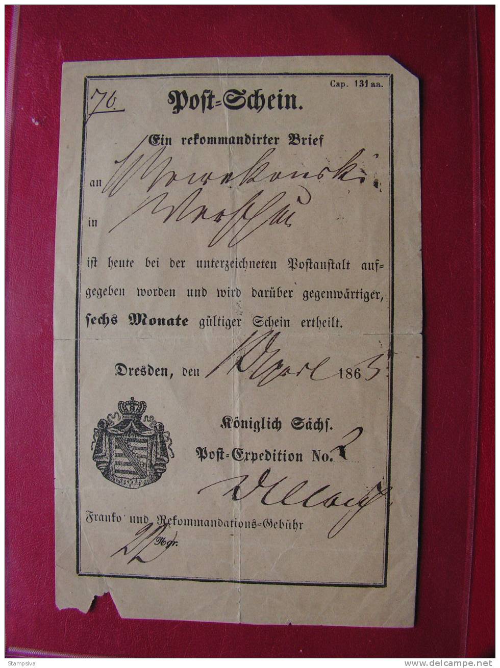 == Sachsen , Könglich Sächs. Postexpedition 1863  Dresden - Post Schein - Saxe