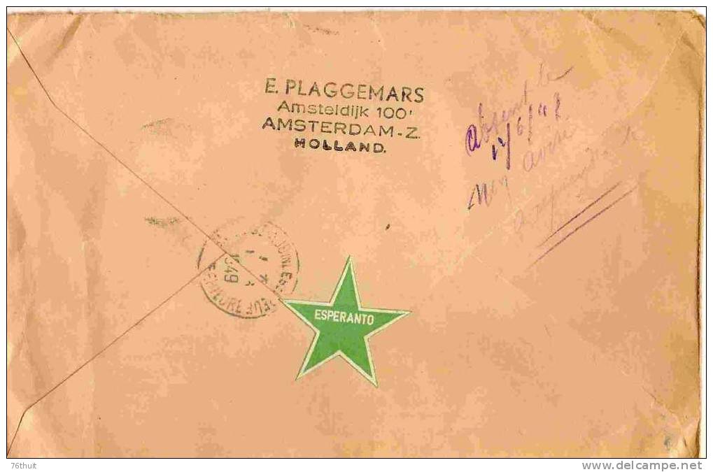 Rare ! 1949  - Lettre Enveloppe - NEDERLAND PAYS BAS  + Recommandé -  Espéranto - Brieven En Documenten