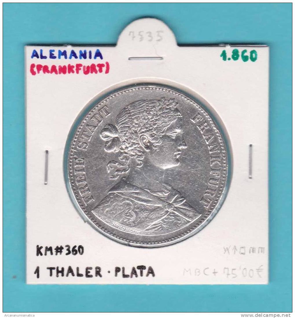 ALEMANIA / GERMANY / DEUTSCHLAND  1 THALER PLATA/SILVER 1.860 1860 KM#360 (FRANKFURT) MBC+/VF+  DL-7535 - Autres & Non Classés