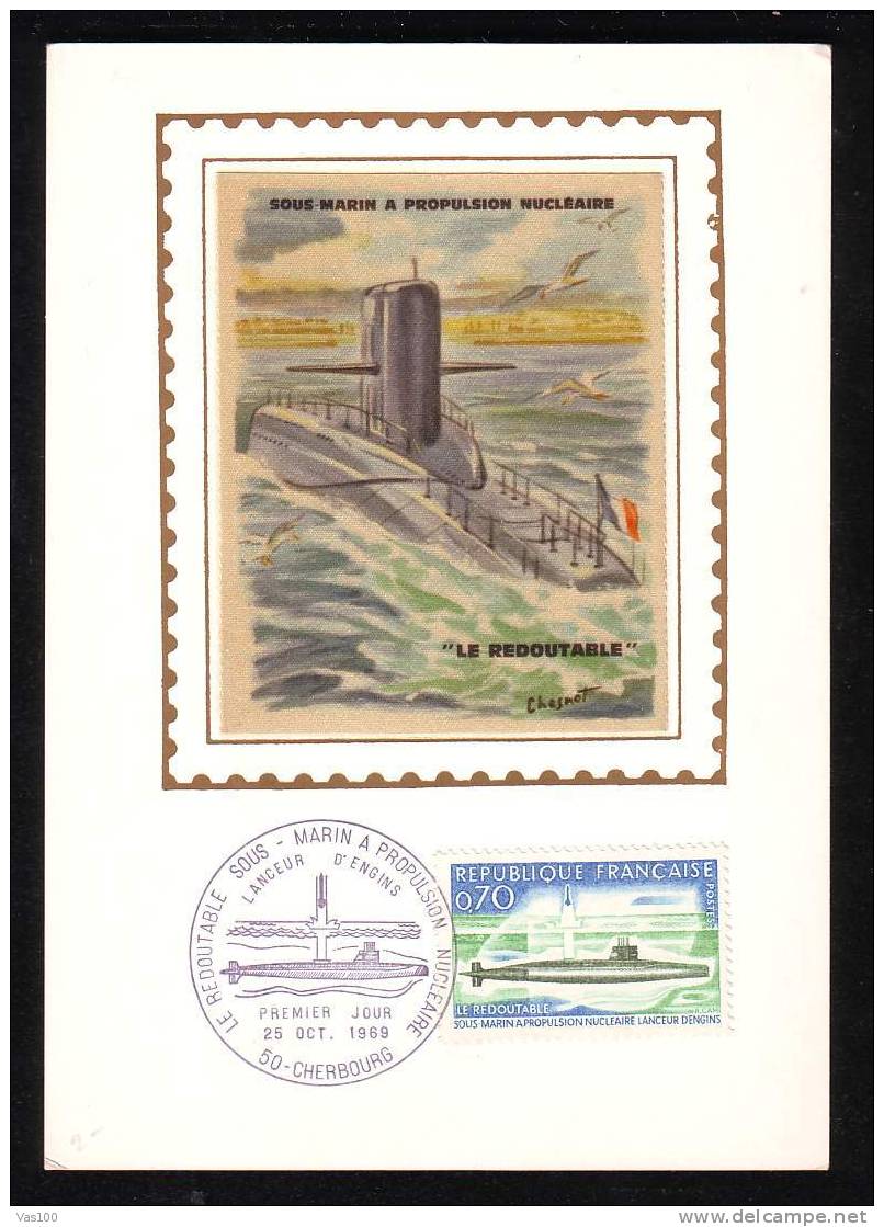 France 1969 FDC  Maximum Card,with Nucleare Submarine . - Duikboten