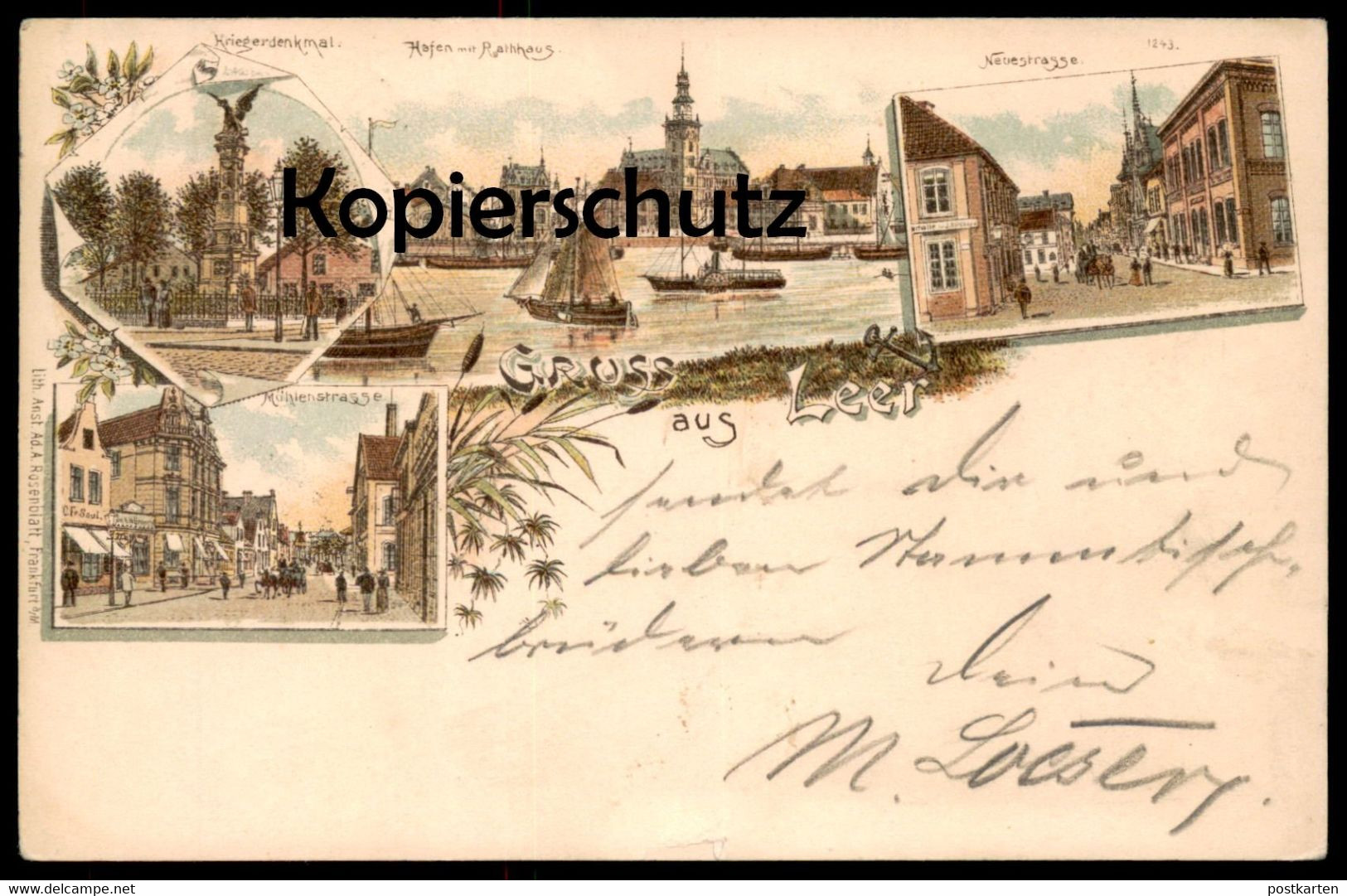 ALTE LITHO POSTKARTE GRUSS AUS LEER 1895 C. FR. SAUL MÜHLENSTRASSE KRIEGERDENKMAL NEUESTRASSE HAFEN Verlag Rosenblatt - Leer