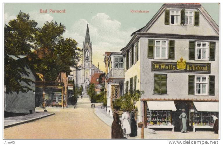 Bad Pyrmont (Lower Saxony) Germany, Kirchstrasse Church Street, Store Fronts Street Scene On C1900s Vintage Postcard - Bad Pyrmont