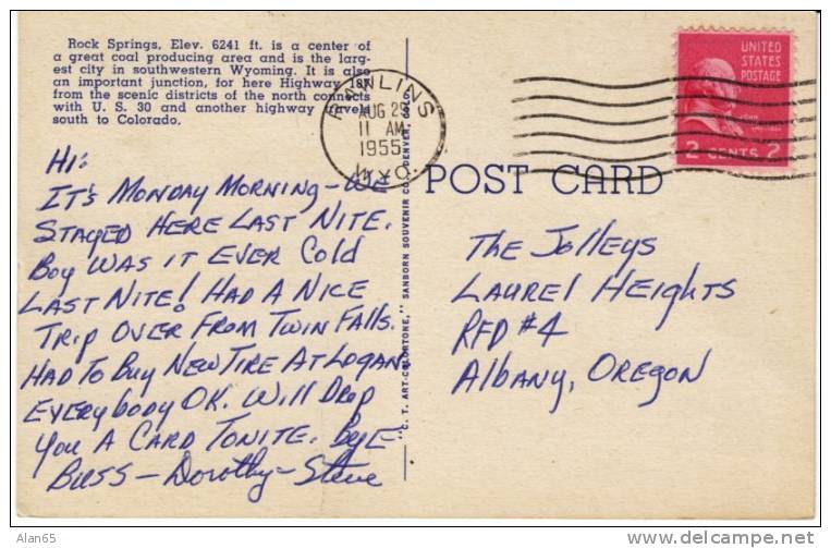 Rock Springs WY Curteich Large Letter Greetings On C1950s Vintage Linen Postcard, Lincoln Highway, Coal - Rock Springs