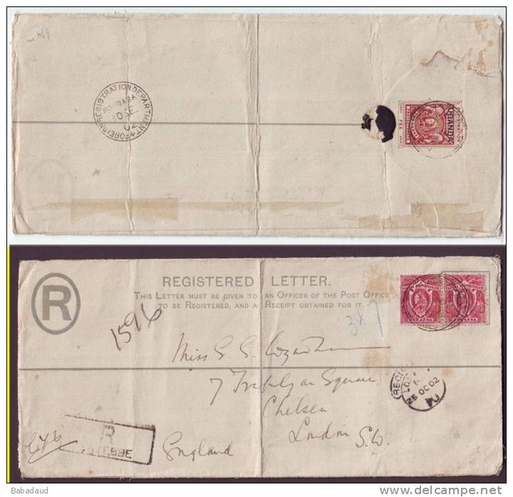 ENTEBBE, UGANDA , 1902, 2 Anna Registered Envelope To England, MOMBASA Transit. - Uganda (...-1962)