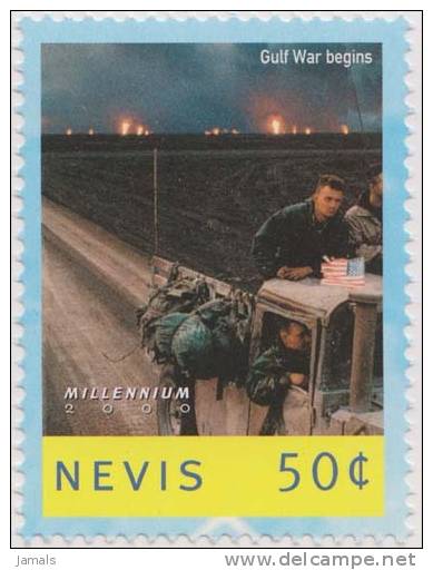 Gulf War Begins In Iraq, Aerial Bombartment / Bombing, Fire, American Flag MNH Nevis - Antille