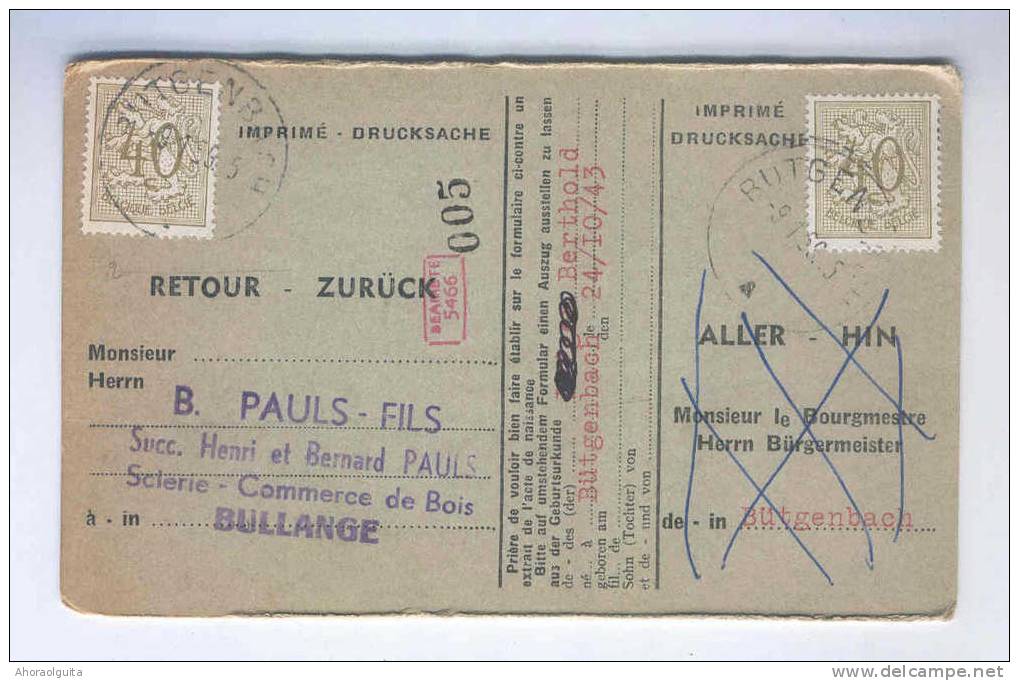 CANTONS DE L´EST - Carte Caisse De Retraite BUTGENBACH 1959 - Cachet De La Commune Au Verso - Origine BULLANGE --  NN962 - Folletos De La Oficina De Correos