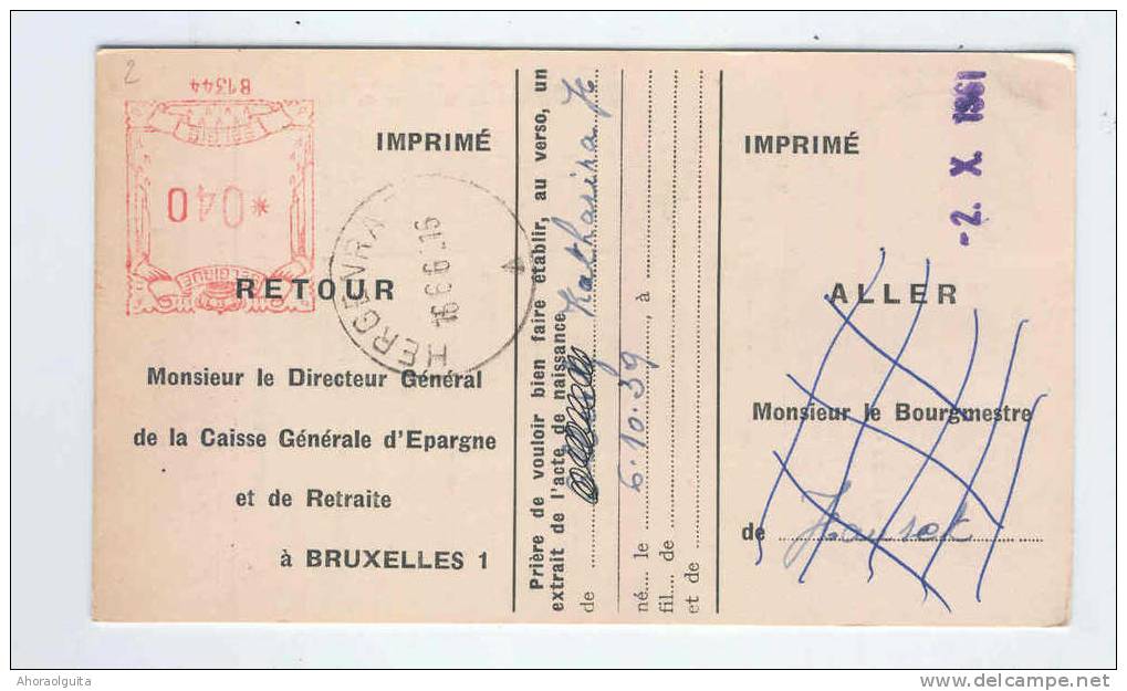 CANTONS DE L´EST - Carte Caisse De Retraite HERGENRATH 1961 - Cachet De La Commune De HAUSET Au Verso  --  NN964 - Dépliants De La Poste